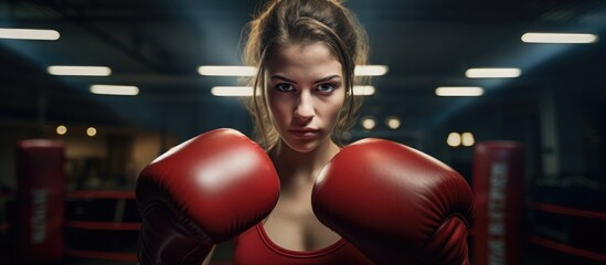 Wall Mural - A woman is wearing red boxing gloves in a boxing ring, showcasing her physical fitness and participating in a striking combat sport event