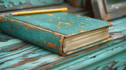 Wall Mural - a close up of a book with a pencil on top of it and a picture frame on the side of the book.
