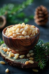 Wall Mural - Close-up of pine nuts in a wooden bowl