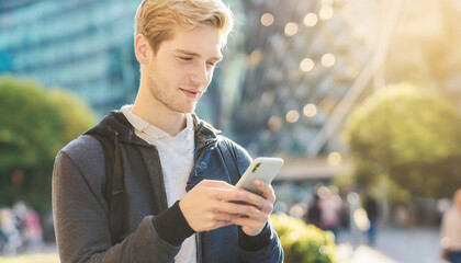 Attractive beautiful young blond or European man using and texting on his smart phone mobile for service 5g digital communication and online social media city.