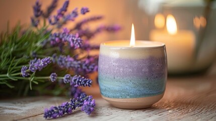  A serene setting featuring a lit lavender scented candle surrounded by fresh lavender flowers, evoking calmness and tranquility.