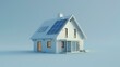 House with solar panels on blue background. 3D illustration. Copy space.