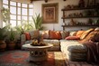 The living room in the house with large windows and decorated in Boho style, cozy home interiors