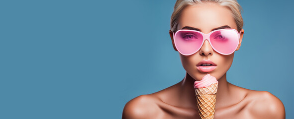 Young woman with ice cream, blonde hair woman wearing pink sunglasses, retro style concept, blue background, wide banner, copy space