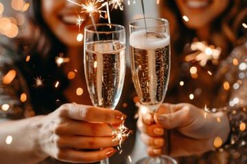 Friends toast to a night of fun with bubbly and sparkling lights at a lively bash.