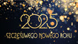 karta lub baner z życzeniami szczęśliwego nowego roku 2025 w złocie ze złotymi kółkami i brokatem z efektem bokeh na niebieskim tle
