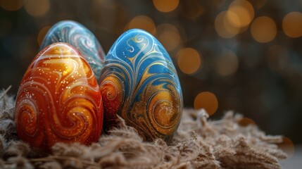 Wall Mural - three colorful painted eggs sitting on top of a pile of brown shavings with a boke of lights in the background.