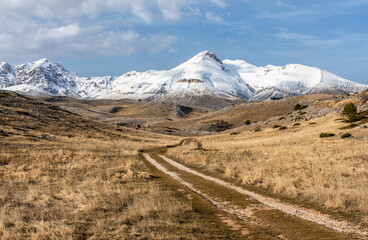 Amazing panoramic winter view in the Gran Sasso e Monti della Laga National Park. Abruzzo, central Italy.