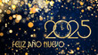 tarjeta o pancarta para desear un feliz año nuevo 2025 en oro con círculos dorados y brillo en efecto bokeh sobre un fondo azul