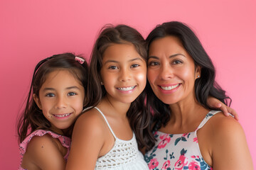 A mother and two daughters are posing for a photo