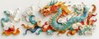 Chinese Dragon legend. Fantasy wooden carved multicolor chinese traditional dragon as flat design 2D carved in wood asp cardboard origami, white clear neutral background