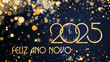 cartão ou banner para desejar um feliz ano novo 2025 em ouro com círculos dourados e glitter em efeito bokeh sobre fundo azul