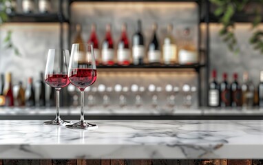 Display your wine collection in style with this sleek marble tabletop, perfectly complemented by the blurred backdrop of elegant glasses and bottles.