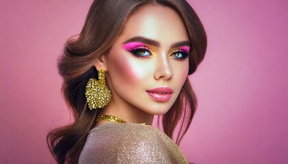 Wall Mural - Pink Woman skin. Beauty fashion model girl with Gold Pink metallic make up, hair and jewellery on pink background. Metallic, glance Fashion art portrait