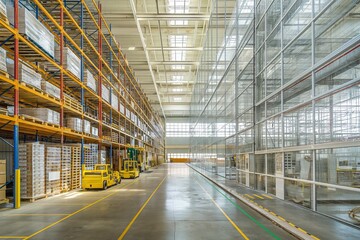 Wall Mural - empty huge distribution warehouse with high shelves and pallet, Modern high rack warehouse