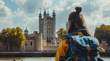 Wall Mural - Female tourist backpacker looking at tower of London, England. Wanderlust concept.
