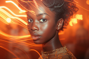 Wall Mural - Portrait of a black young girl dancing on dance floor in a nightclub. Vintage color film photo