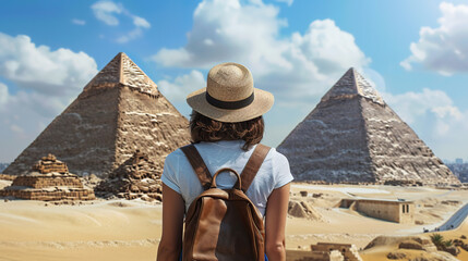 Wall Mural - female tourist backpacker looking at pyramids of giza, egypt. Wanderlust concept.