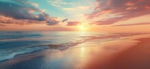 Stunning Sunset/sunrise Over Ocean, Soft Waves, Sandy Beach, Colorful Sky. Generative AI