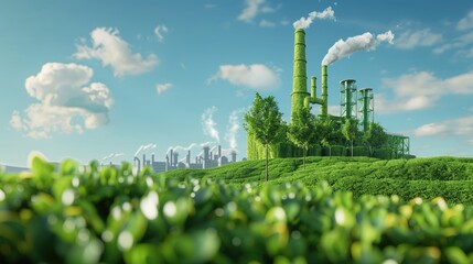 Green Factory on Fresh Spring Meadow. Eco-Friendly Industry Concept with Blue Sky in Background. 3D Rendering of Sustainable and Clean Technology