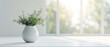 Vase and plants isolated on white marble table and blurred windows background with lense flare and copy space, apartment or kitchen interior design