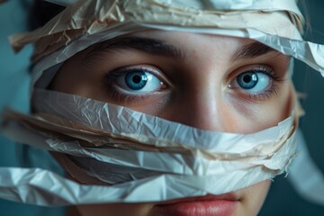 Wall Mural - A woman's face is covered in plastic wrap, giving her a strange and unsettling appearance. Concept of unease and discomfort.