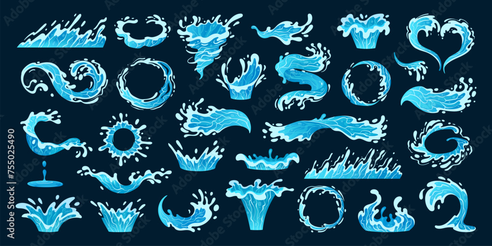 Cartoon water drop splash set. Blue liquid drops and water flows ...
