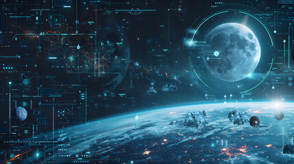 Wall Mural - a futuristic digital landscape of space with planets and stars, featuring holographic displays showi