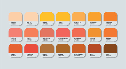 Orange Color Palette, Orange Color Names. Catalog Samples Orange with RGB HEX codes and Names. Metal Colors Palette Vector, Wood and Plastic Orange Color Palette, Fashion Trend Orange Color Palette