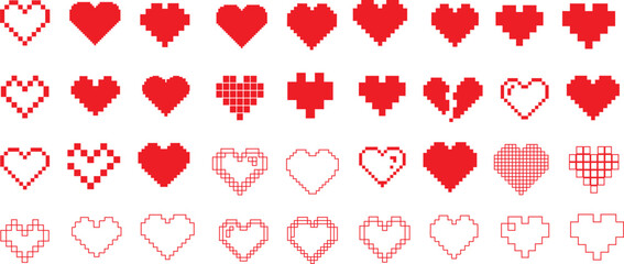 Wall Mural - Hearts vector set, pixelated, outlined, filled in red and pink. Perfect for Valentine’s Day, love themes, romantic illustrations. Editable heart for graphic design and web