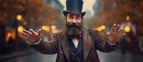 Eccentric Gentleman in Top Hat and Beard Posing with Vintage Style