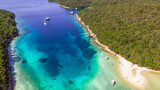 Fototapeta Na drzwi - Sivota - stunning aerial drone video of turquoise sea known as Blue Lagoon and unique beach Bella Vraka. Epirus, Greece