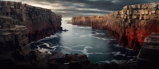 Poster - Majestic Cliff Overlooking Tranquil Water: Serene Scenery with Dramatic Landscape Beauty