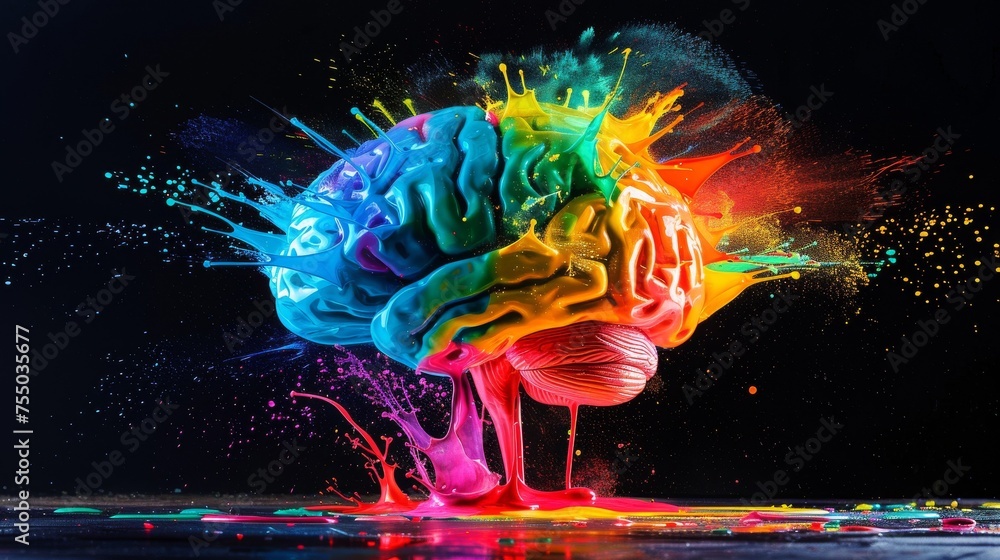 Brain Colour Explode Exploding colors from a brain model depicting the vibrant explosion of ...