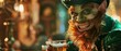 Exuberant leprechaun impersonator festive beer cheer rich emerald ambiance inviting to joyous holiday gatherings