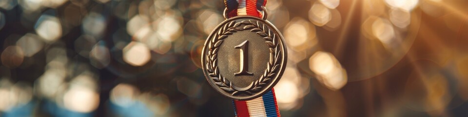 Wall Mural - close-up of a first-place medal with ribbon against a blurred background, symbolizing achievement an