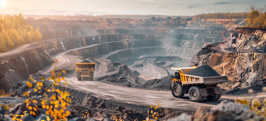 Industrial Mining Trucks at Open Pit Mine. Heavy-duty trucks loaded with coal drive through an expansive open-pit mine, surrounded by forested hills under a soft sunset.