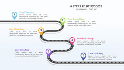 6 Steps Road Map Infographic with Pin Pointers and Editable Text on a 16:9 Ratio for Business Goals, Targets, and Website Design.