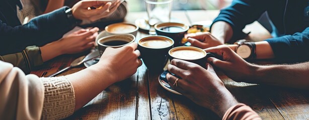 Canvas Print - Friends drinking coffee together in cafe of restaurant