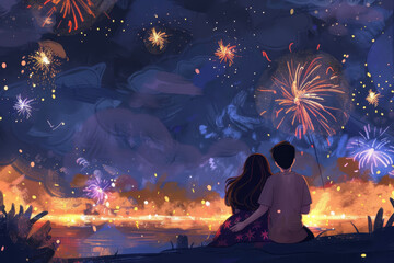 Wall Mural - A young couple watching a firework show, on a special occasion.