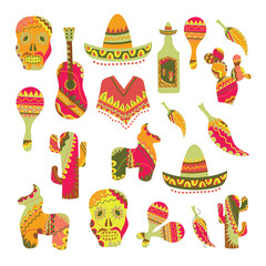 Wall Mural - Bright colorful stylish vector illustration about Mexico. Icons set, design element. Collection Traditional Mexican symbols maracas, mexican guitar, Mexican skull, sombrerero,cacti,pi ata, red pepper