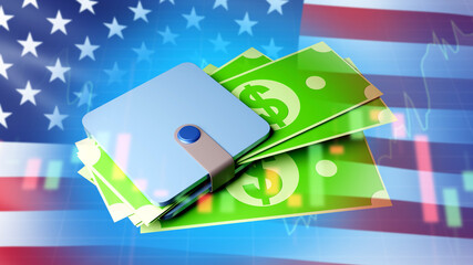 Sticker - USA financial system. Wallet with dollars. American flag near growing graph. America economic growth. Increasing savings. Dollar exchange rate fluctuations. Wallet with dollars USA bills. 3d image.