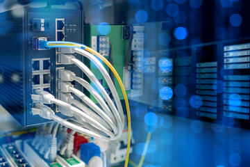 Industrial internet equipment. Network switch. Equipment for internet provision. Network switch in server room. Telecommunications equipment for factory. Network technologies. Net switch