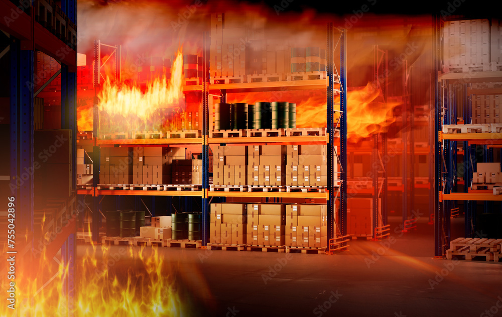 Fire in warehouse. Burning racks with cardboard boxes. Factory ...