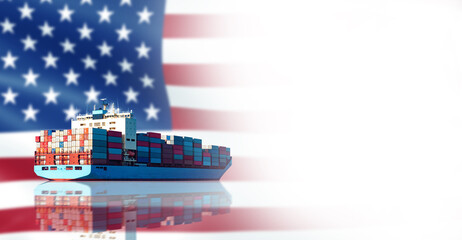 Containers ship with US flag. Sea vessel with containers on board. Sea deliveries goods to US. Container ship US. Copy space on white. Transportation sea cargo across ocean. Big ship delivers cargo