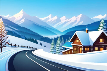 Wall Mural - Road through village in mountains covered with snow landscape illustration. Beautiful winter scenery in afternoon. Rural landscape among forested hills covered in snow.  Snow landscape. 