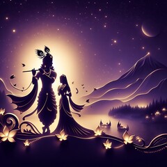 Canvas Print - Beautiful silhouette of lord Krishna and Goddess Radha 