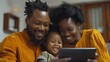 happy african family having fun with device at home black parents and child using digital tablet  