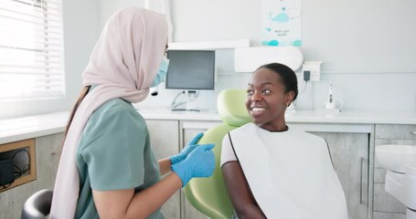 Poster - Happy woman, dentist and patient with consultation for dental care, teeth cleaning or treatment at clinic. Young female person or orthodontist consulting customer for oral, gum or tooth whitening