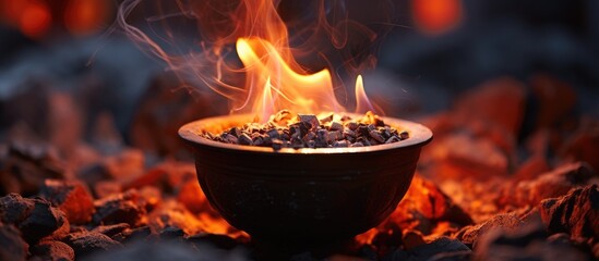 Wall Mural - A dish of cuisine is being cooked on a burning flame fueled by gas or charcoal, emitting heat to reach the desired cooking temperature